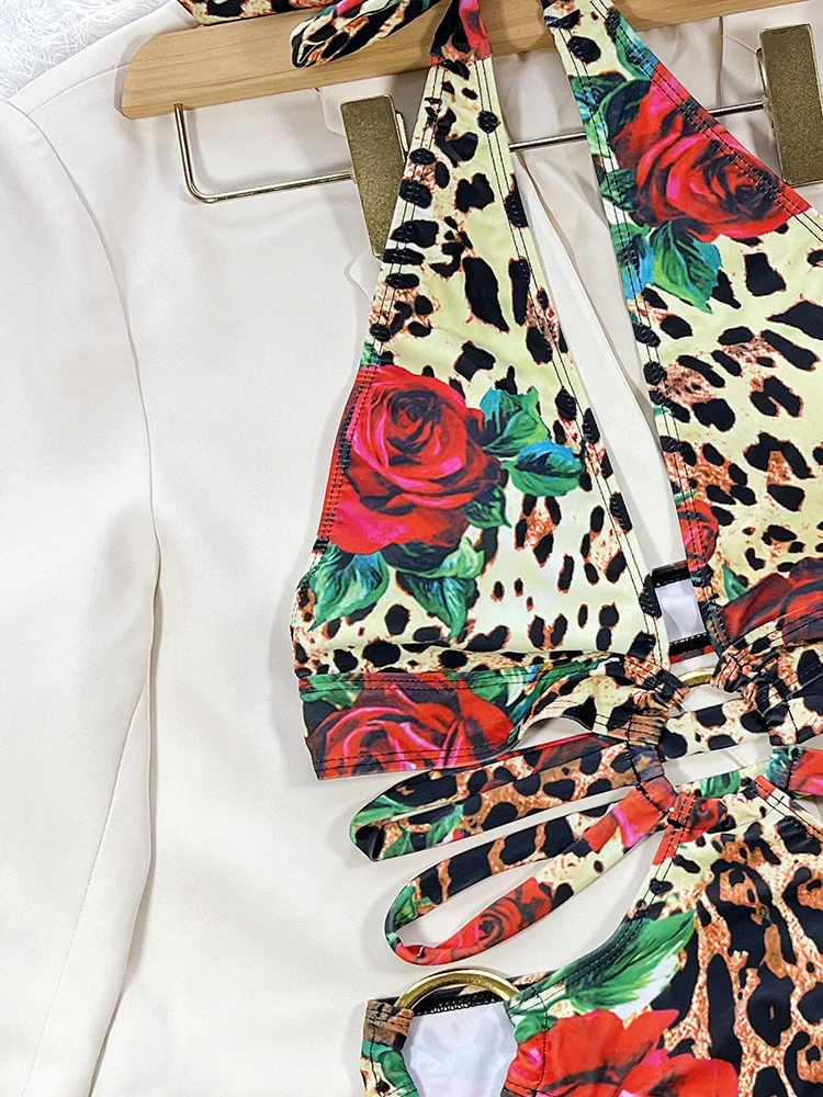 Leopard Floral Print Metal Ring Female Monokini One Piece Swimsuit Women Swimwear Deep V Neck Bather Halter Bathing Suit Swim