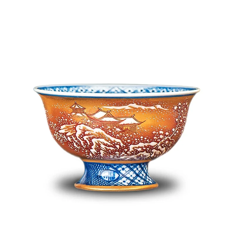 Handgezeichnete rosa Schneelandschaft, goldene Teetasse, Meistertasse, Kung-Fu-Teeset, Teezeremonie-Geschenk