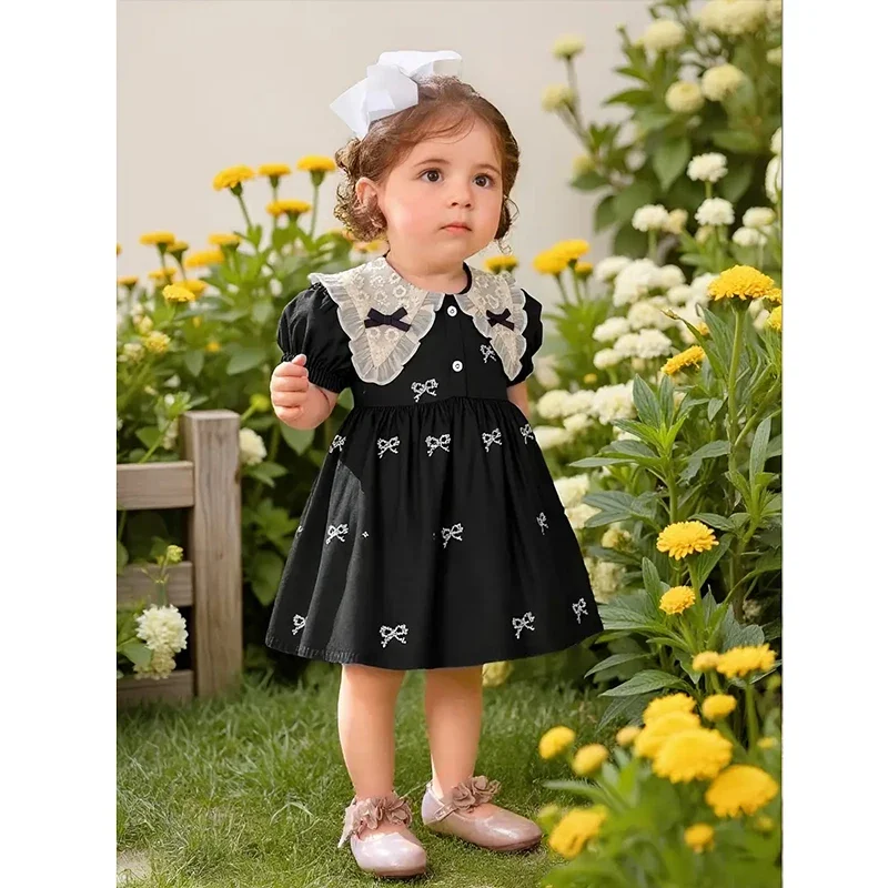 

Summer Bow Embroidery Bow Casual Dresses 1-6Yrs Girls Princess Dress Cotton Girls Clothing Party Lace Sweet Cute Kids Clothes