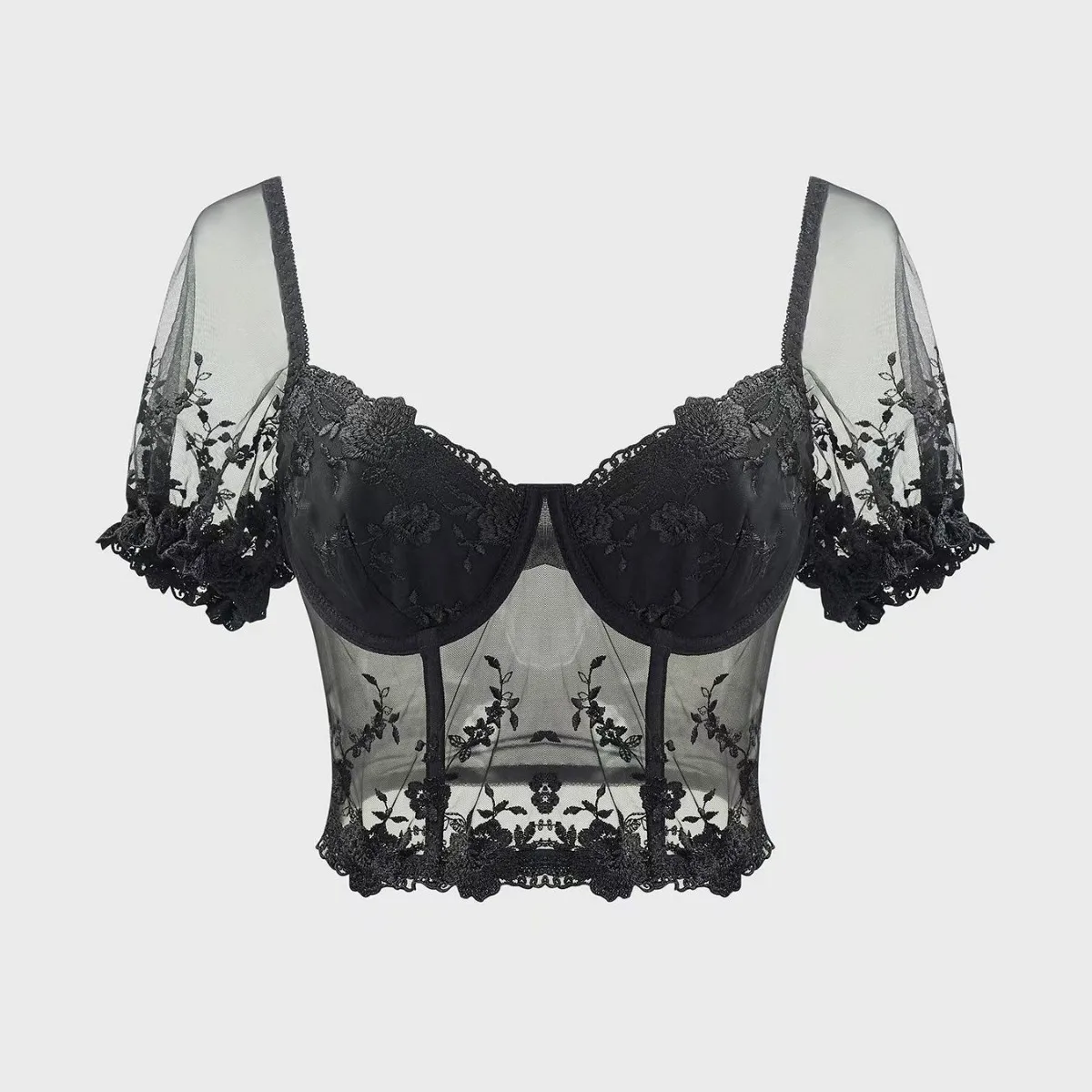 

Сетчатый прозрачный укороченный топ с короткими рукавами-фонариками, новая корейская мода, кружевная вышивка, сексуальный облегающий топ без спинки для вечеринок и клубов, летний топ-майка