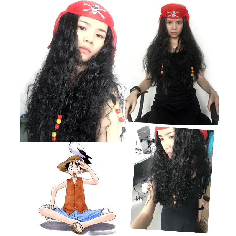 Peruka piracka na Halloween Cosplay Średniej długości kręcone proste, żaroodporne włosy syntetyczne z akcesoriami do bandany