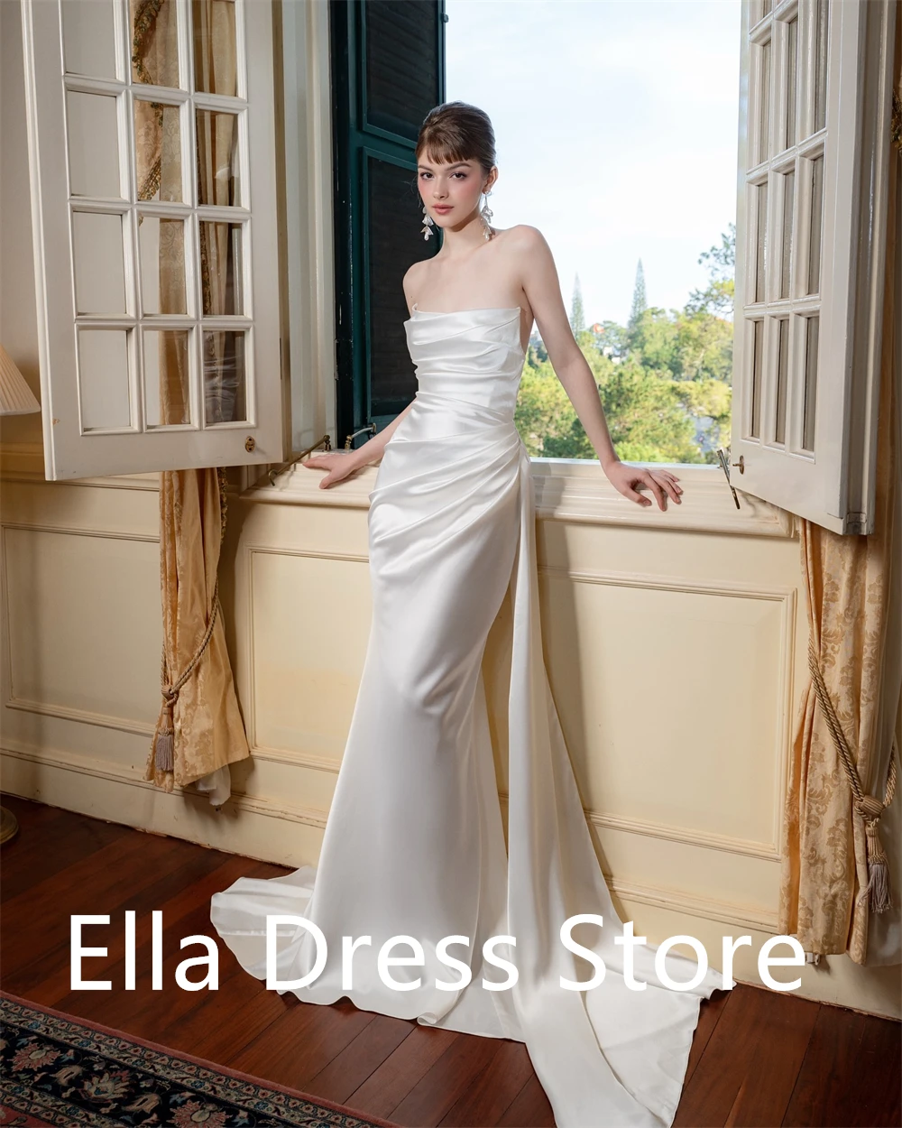 Aangepaste witte satijnen avondjurk van hoge kwaliteit Temperament Strapless Mouwloos Zeemeermin Ruglooze Op maat gemaakte gelegenheid G