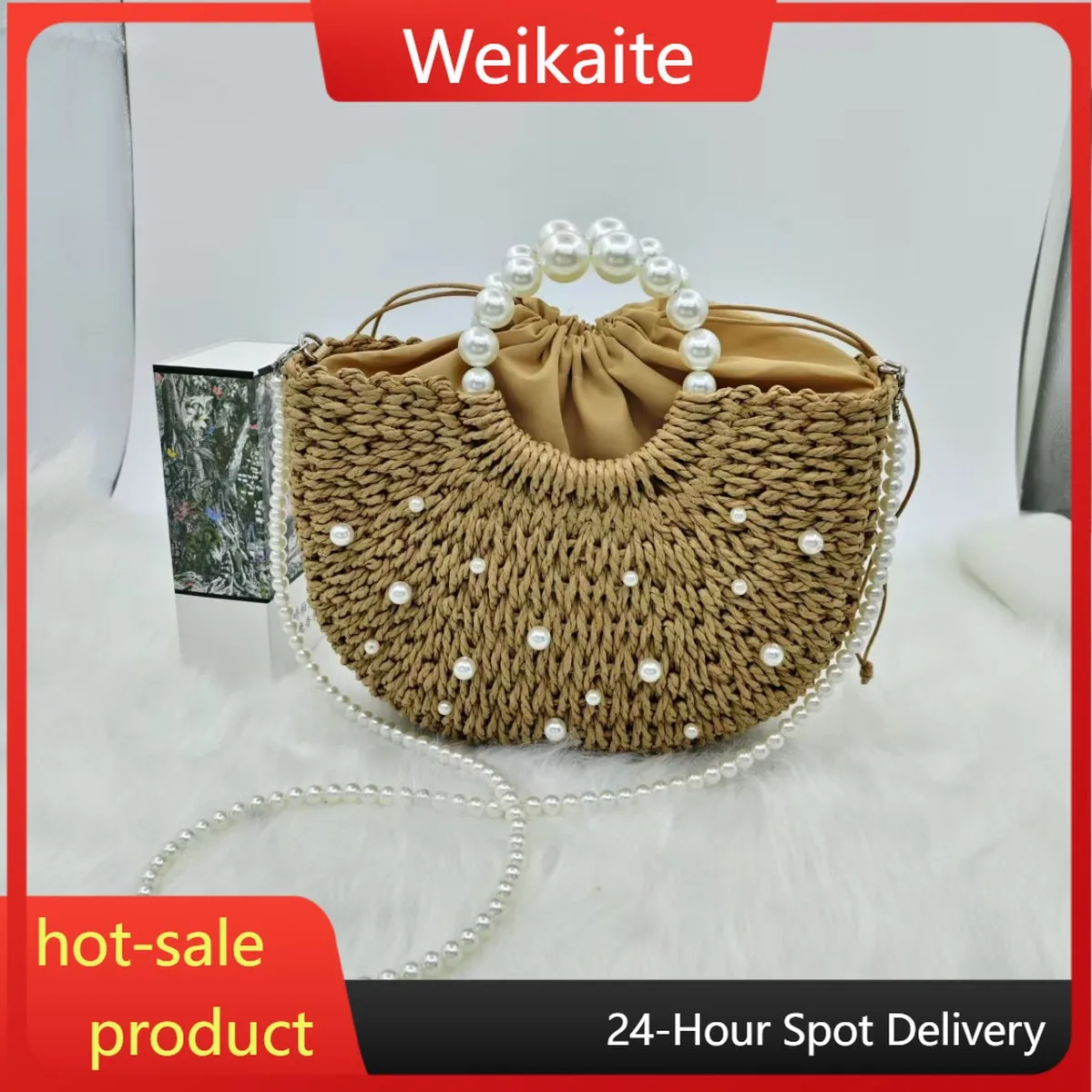 

Large Capacity Pearl Handbag Bag Straw Woven Hollow Simple Tote Bag Semi-round Messenger Bag Beaded Niche Design