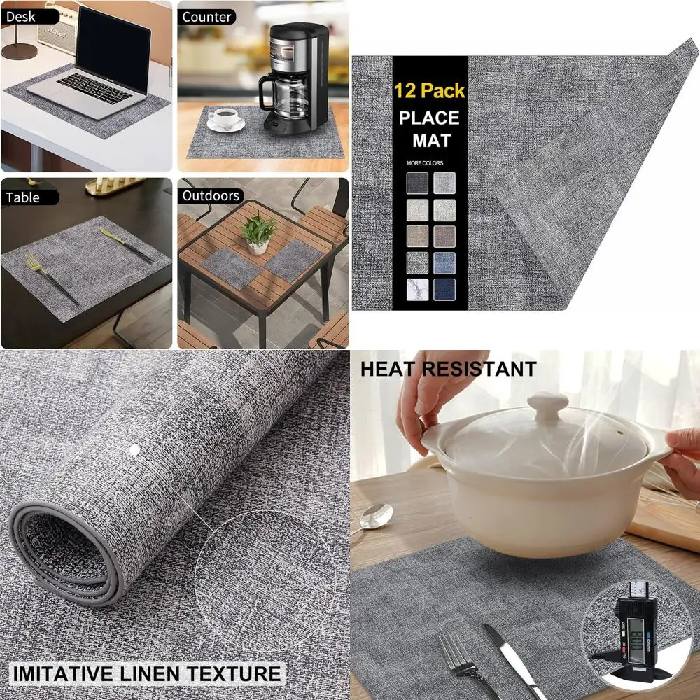 

12-Pack Heat-Resistant Faux Leather Placemats, Waterproof and Wipeable for Indoor/Outdoor Use, Easy Clean, Smokey Grey