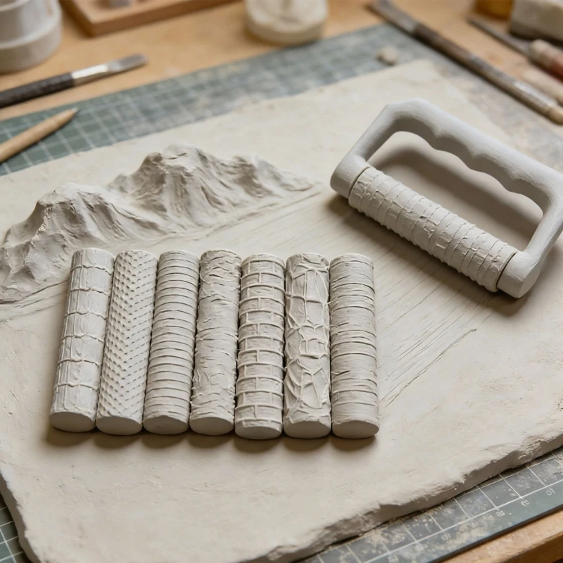 Terrain Texture Roller Set for Clay Work, 8 Texture Rollers with Handle, Manual Detail for Mini Terrain, Model Making, Display