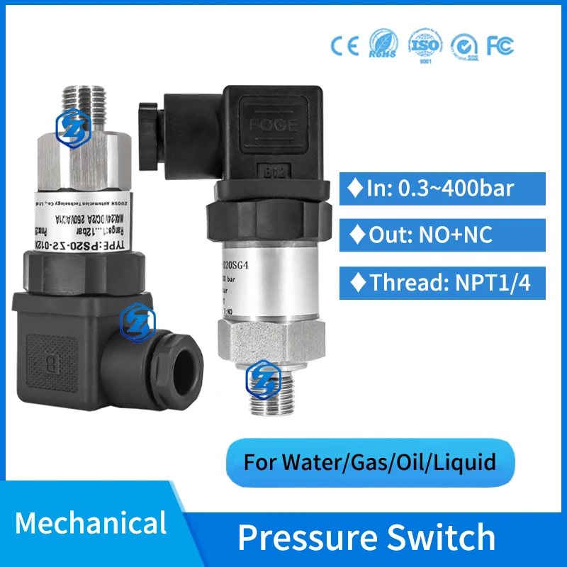 

NPT1/4 Adjustable Mechanical Pressure Switch Controller 400bar NO NC Piston Diaphragm Fire Pump Oil Gas Water Pressure Switch