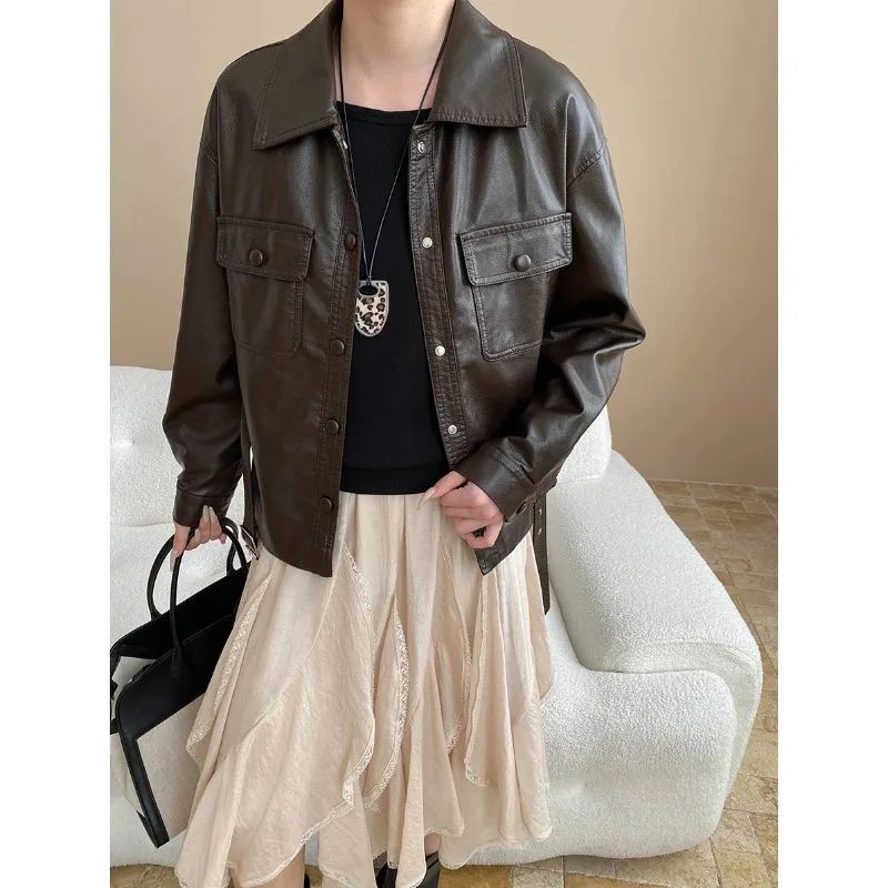 النساء فو سترات من الجلد الصلبة معاطف قصيرة مربوطة طويلة الأكمام رفض طوق فضفاض مكتب سيدة عادية 2025 ربيع الخريف