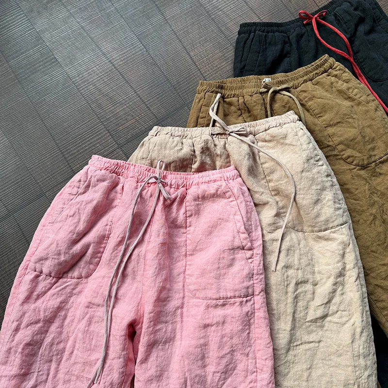 

Утепленные льняные брюки прямого кроя из хлопка, пригодные для стирки при высоких температурах, теплые повседневные брюки с поясом для женщин