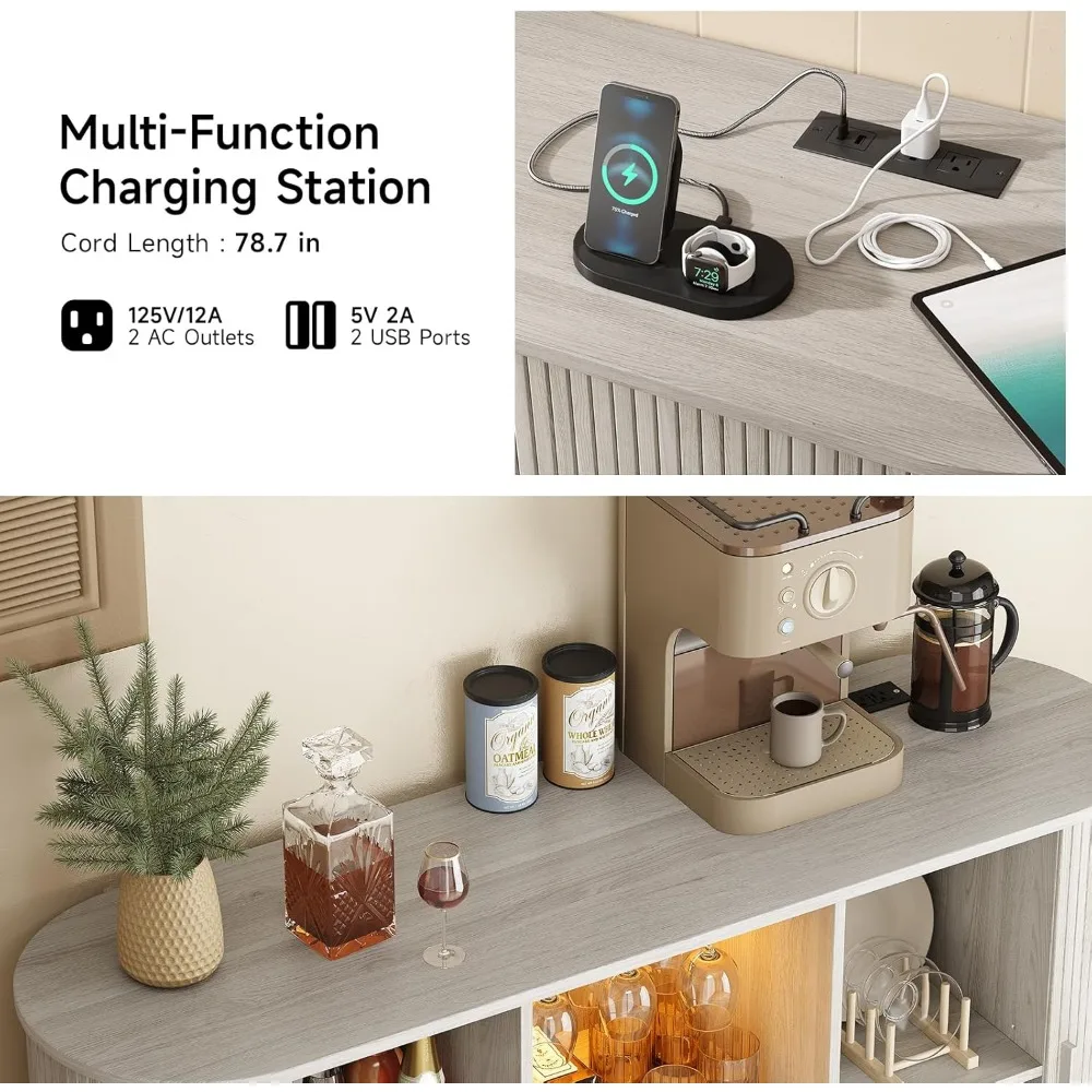 Home Bar Cabinet with Wine Rack, Fluted Design for Beverage Storage and Glass Holder