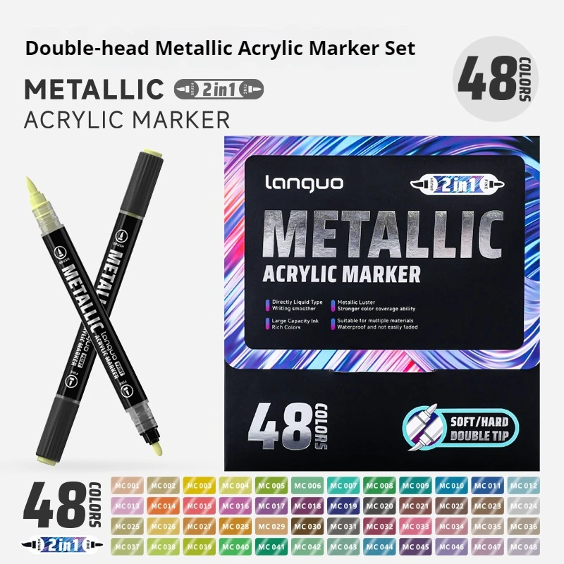 

Languo 12/48Colors Dual Tip Acrylic Marker Pen Set Metallic Acrylic Paint Markers for Art Student DIY Graffiti Painting Coloring