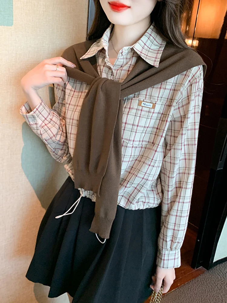 Set Due Pezzi a Quadri alla Moda per Donna, Autunno Inverno, Maglia a Maniche Lunghe Foderata, Stile Coreano