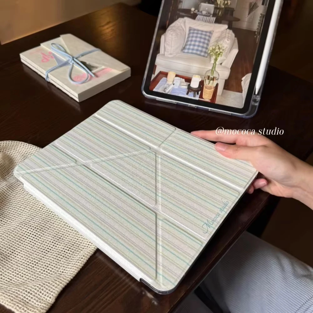 Simple Retro Blue Green Stripes Y2K Tablet Case For iPad Pro 11 12.9 13 A16 M2 M4 M3 M5 5/6/7/8/9/10/11th Mini Air 3 4 5 6 Cover