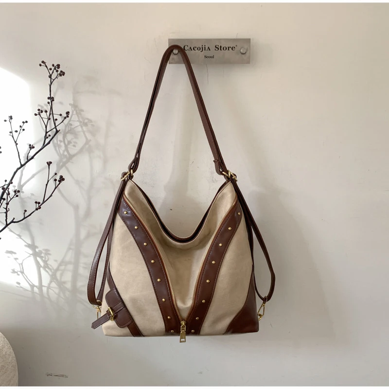 Vintage-Rucksack, Damen-Tragetasche, Retro-Spleiß-Hobo-Umhängetasche, lässige Alltags-Einkaufstasche mit Nieten-Dekor – Detail 16