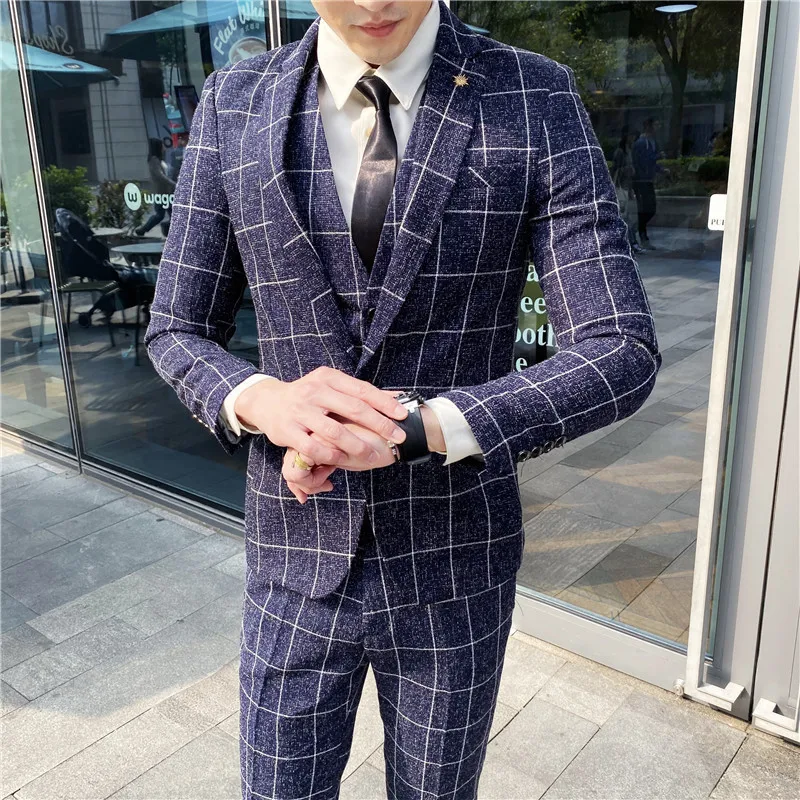 2023 moda nuovi uomini per il tempo libero Boutique Business Plaid Slim Suit 3 pezzi Set/maschio lino a righe vestito blazer giacca pantaloni gilet