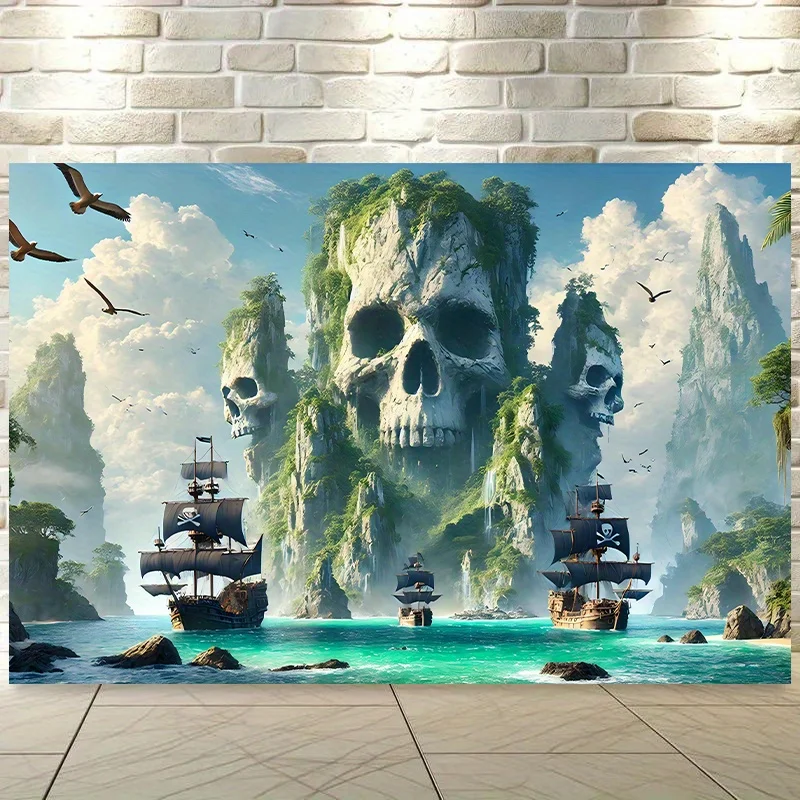 Pirate Skull Tapestry, Fantasy Island Wall Hanging, Adventure Ship Art Dorm Decor, Ocean Scenery Bedroom Blanket for Men