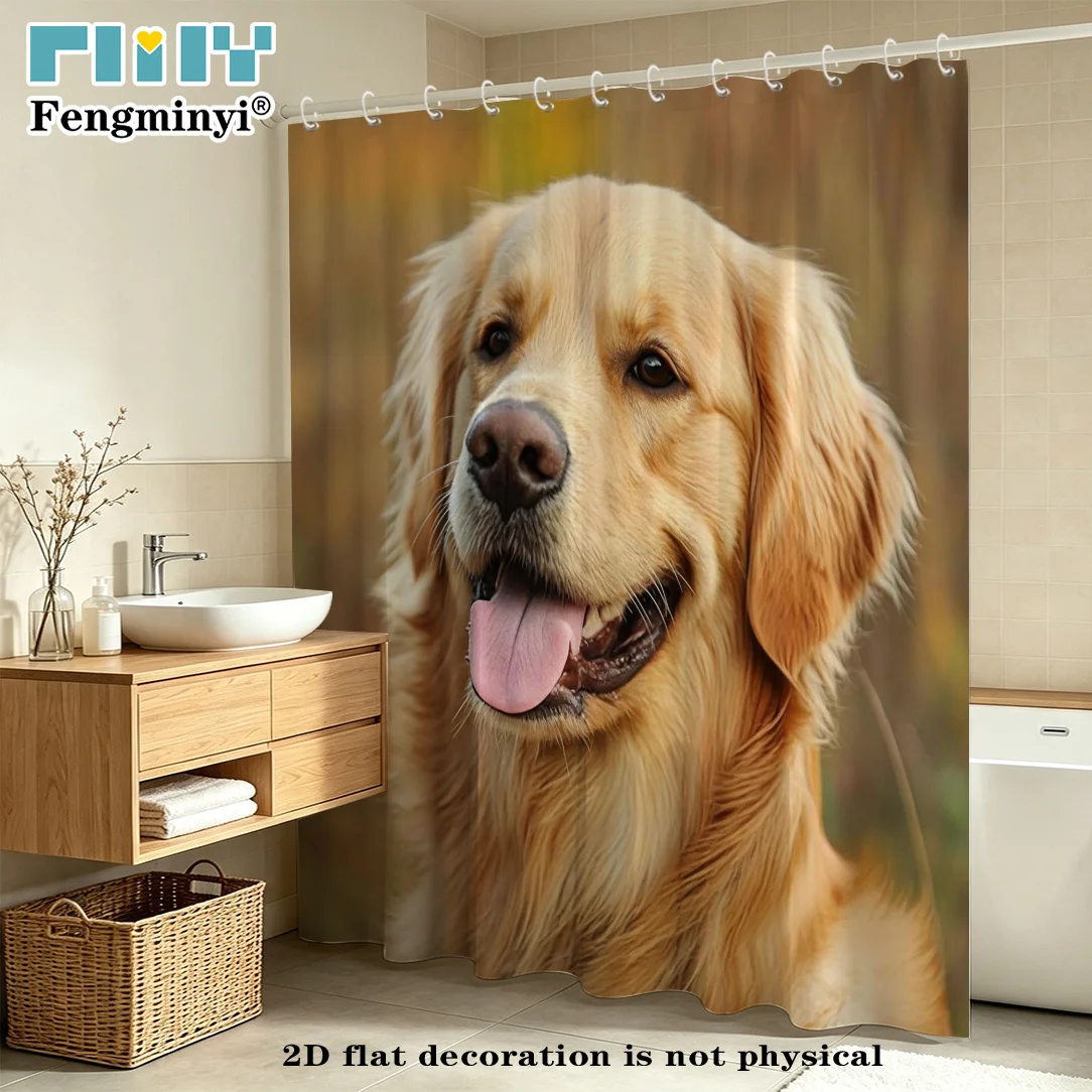 2D Flat, 2D Flat Shower Curtain 1pc, Cute Pet Shower Curtain,, Featuring a Golden Retriever Portrait in an Outdoor Autumn Scene,