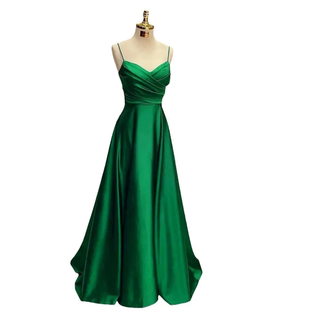 Abito da damigella d'onore in raso con scollo a V, spalline sottili, drappeggiato, linea ad A, lunghezza al pavimento, per serate formali, balli di fine anno, matrimoni e feste - Vestido De Festa