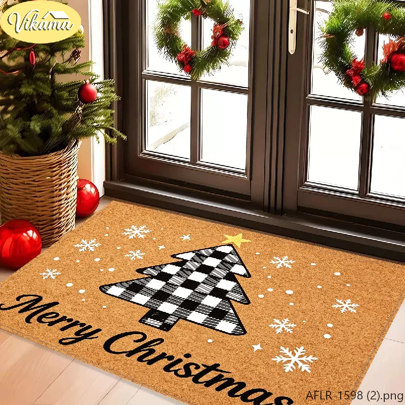 VIKAMA Buffalo Check Christmas Tree Doormat Merry Christmas Non Slip Entryway Mat Festive Decorative Rug Washable Home Decor