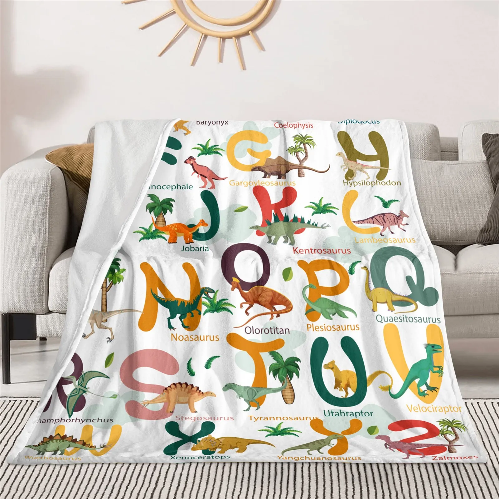 KACISSTY Dinosaur Throw Blankets Color Letter Animals Printed Kids Quilt Flannel Material Cozy Office Nap Fluffy Blanket