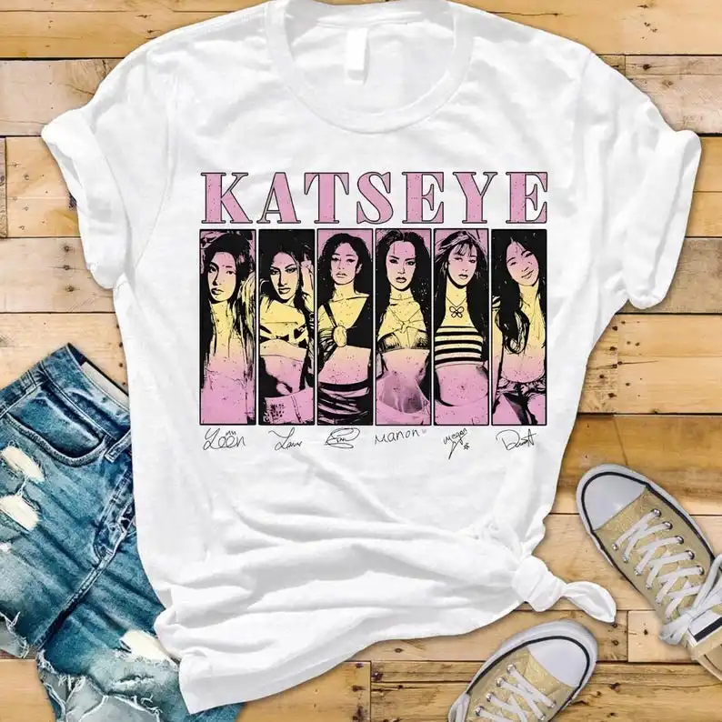 KATSEYE Retro Comic-Style Member Lineup & Signature T-Shirt: Pink-Accented Fan Exclusive Merch Design T-shirt