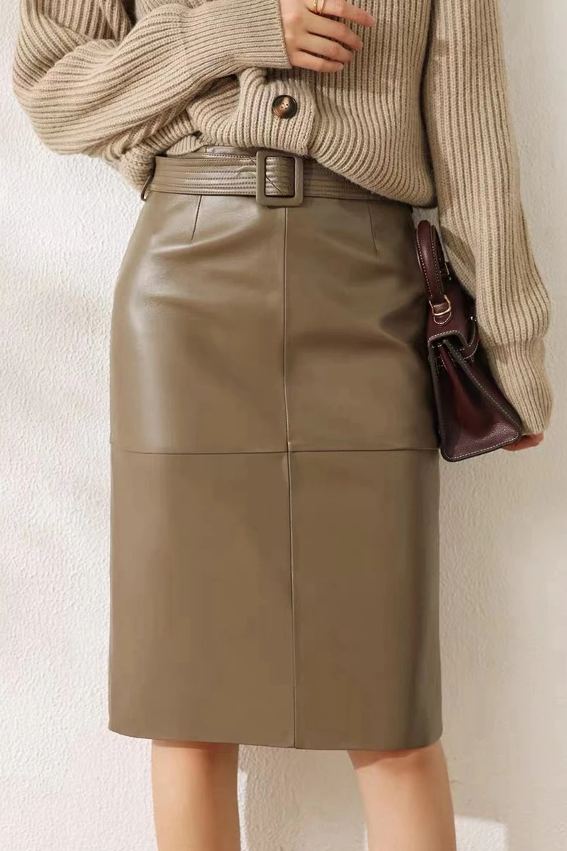 High Quality Genuine Leather Skirt with High Waist and Buttocks Black Half Length Skirt for Women Versatile Mid Length Sheepskin