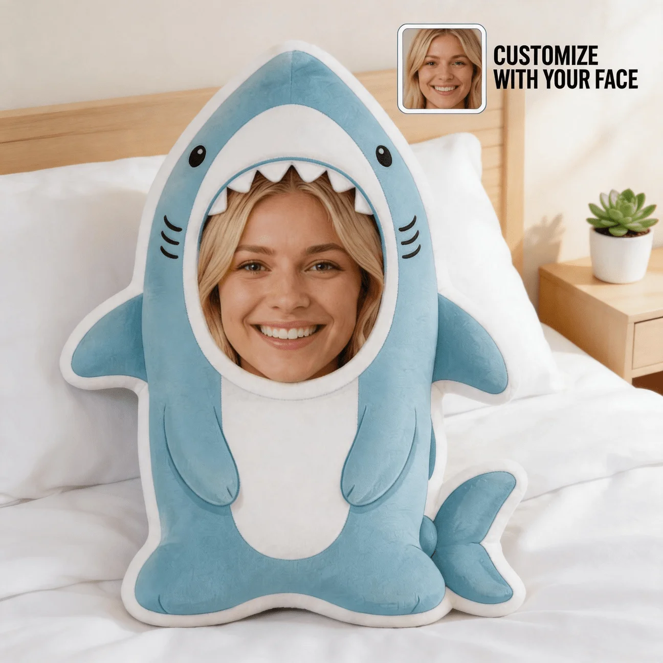 Custom Personalized Photo Face Pillow, Shark Shape Custom Shaped Decorative Cushion with Double-Sided Printing, 60cm Large Size