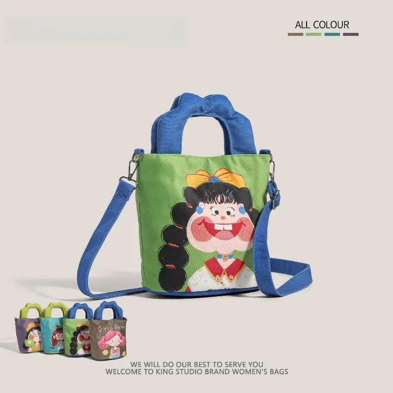 

2026 New Trendy Illustration Design Canvas Bucket Bag for Women Cute Funny Ugly Cute Shoulder Crossbody Handbag