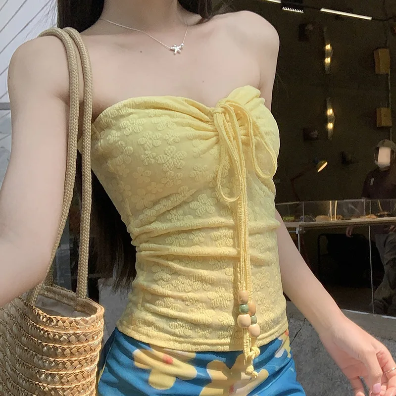 

Весна 2025 г., свежее жаккардовое кружево Pure Desire, уход за кожей, ремешок на шнурке, однотонный маленький топ