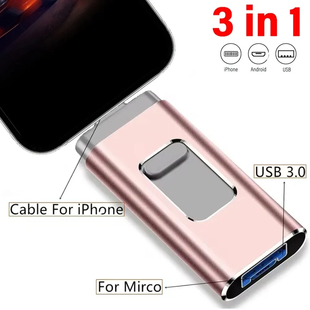 

USB 3.0 Flash Drive 256GB 128GB 3 in 1 Rotatable Gold Pen Drive for IPhone /ipad/PC /Mirco Interface Memory Stick U Disk 64GB