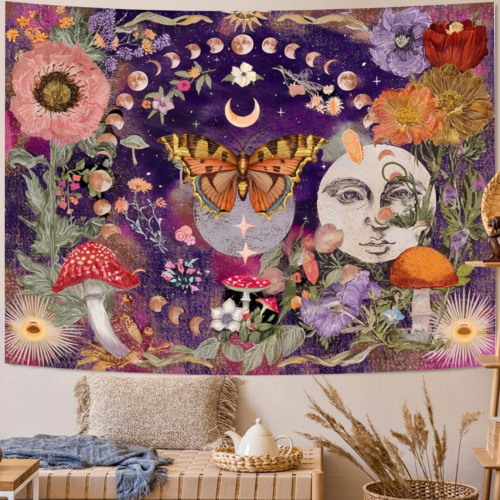 Sun and Moon Tapestry Vintage Bohemian Wall Hanging Floral Butterfly Moon Dreamy Fantasy Landscape Tapestry, Durable Polyester F