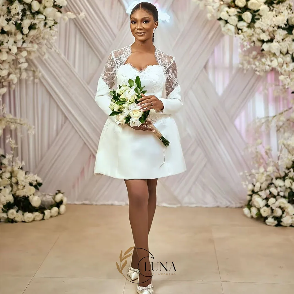 Luna Civil Short Wedding Dresses for Bride Long Sleeve Straight Lace Aso Ebi Nigeria Bridal Reception Party Gowns Customized