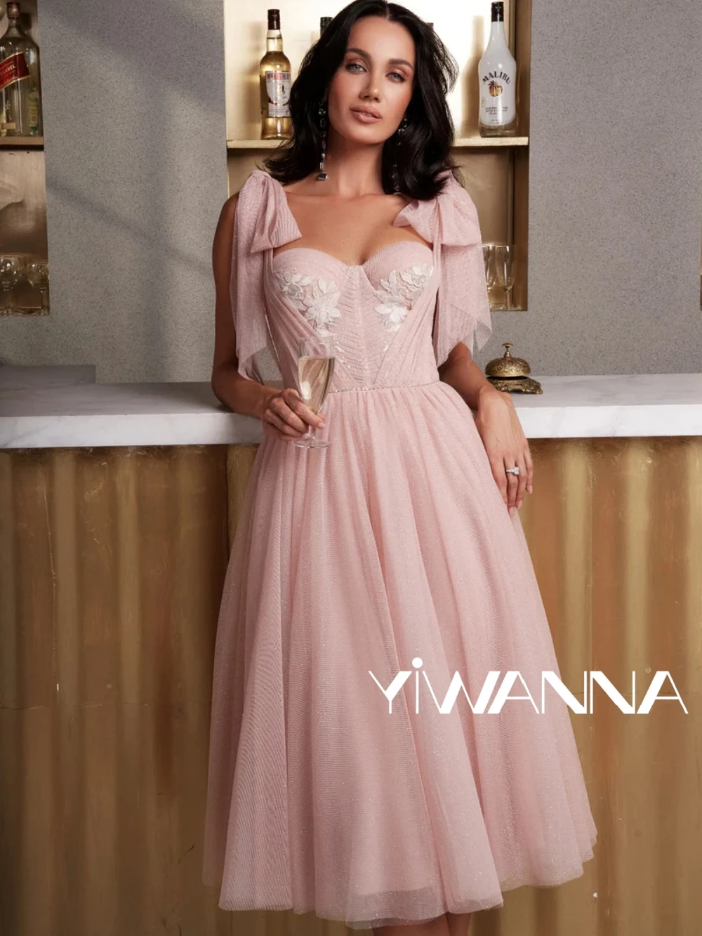 Robe de cocktail rose avec appliques en dentelle, col en cœur, robe de soirée classique, robe de Rhrose, robe de mariée, robe de soirée, robe de Rotterdam, longueur thé, 2025