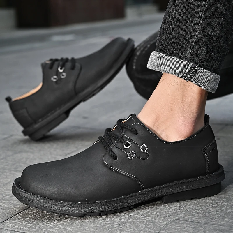 Mens Casual Shoes lace up Genuine Leather Business Office Oxfords Shoes outdoor fashion Antiskid Wear-Resistant Sneakers Shoes