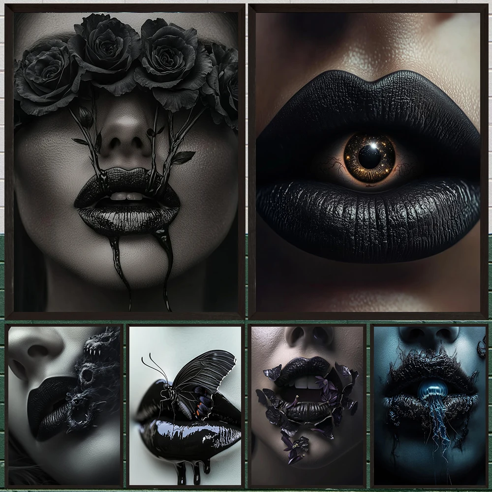 Eyeballs,Butterflies,Moths,Thorny Roses And Witch Lips,Abstract Wall Art Canvas Painting,Dark Witchcraf Art Poster Print Decor