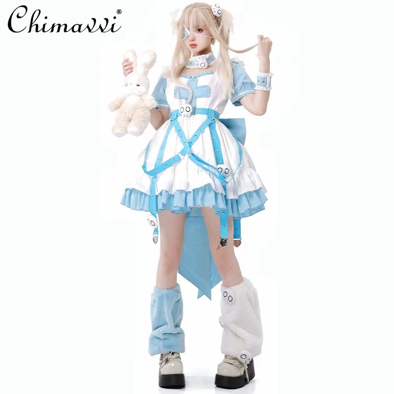 Aqua Subculture Mine Suit Spring and Summer New Japanese Sweet Girl Womens High Waist Short Sleeve Lolita Op Dress and Leg Cover