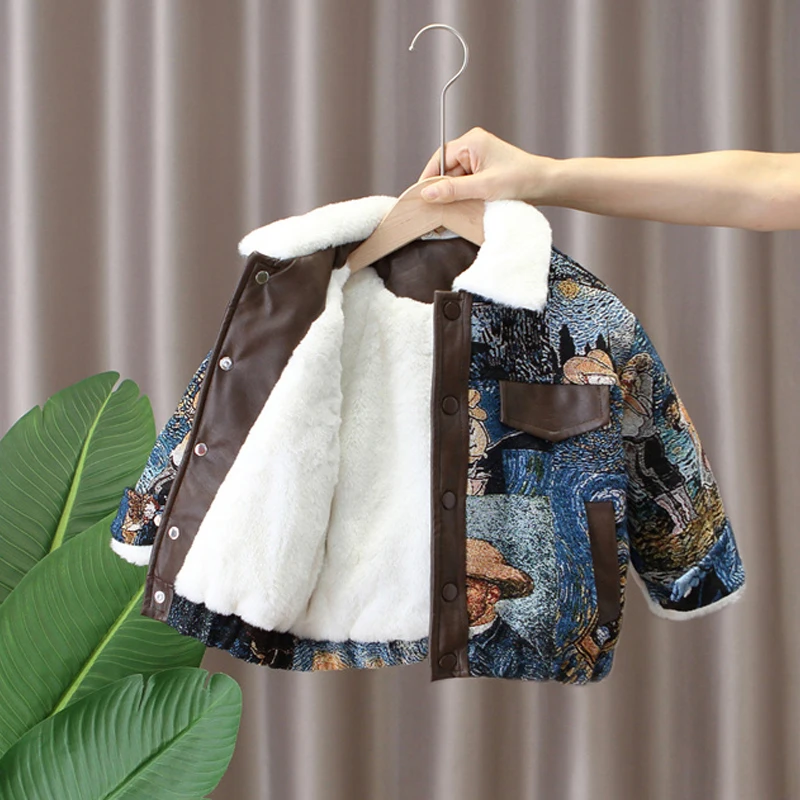 

Boys' Autumn and Winter Fleece-Lined Thick Denim Jacket 2024 New Children's Winter Trendy Streetwear Warm Clothes