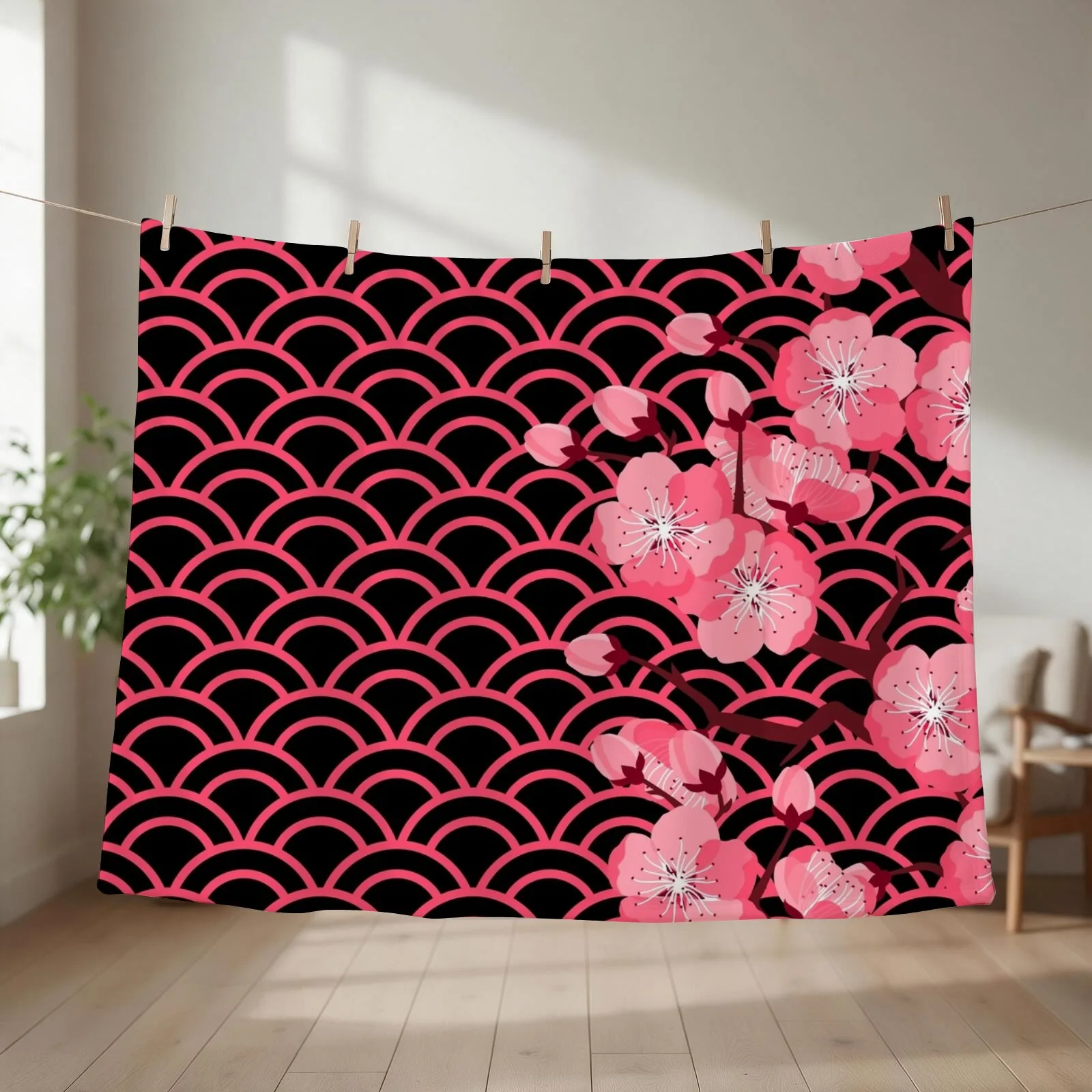 Bright Pink Japanese Sakura Flowers On Pink Wave Pattern Throw Blanket halloween Multi-Purpose Designers Thermal Blankets