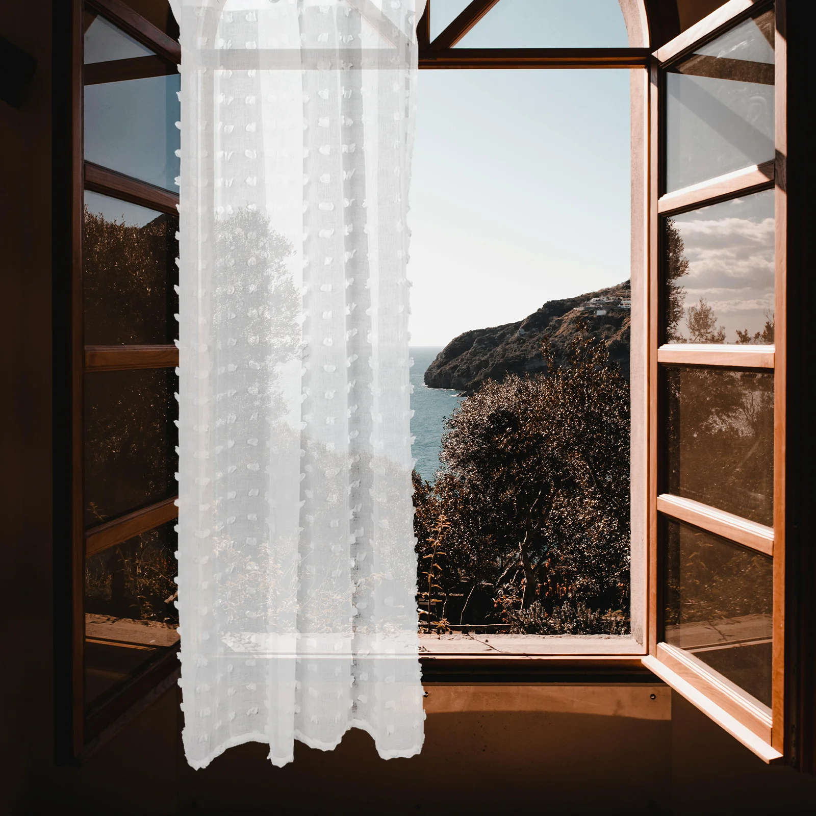

White Sheer Curtain Pom Dots Light Filtering Gauze Drapes Bedroom Living Room Farmhouse Rustic Kitchen Patio Gauze Curtains