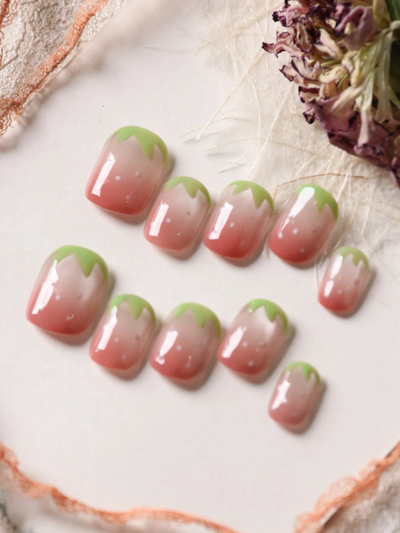 10Pcs Press on Nails Short Pink Strawberry Cat's Eye Green Leaf Fake Nails Includes 1 Sheet of Adhesive Tabs & 1 Pc Mini File view 2