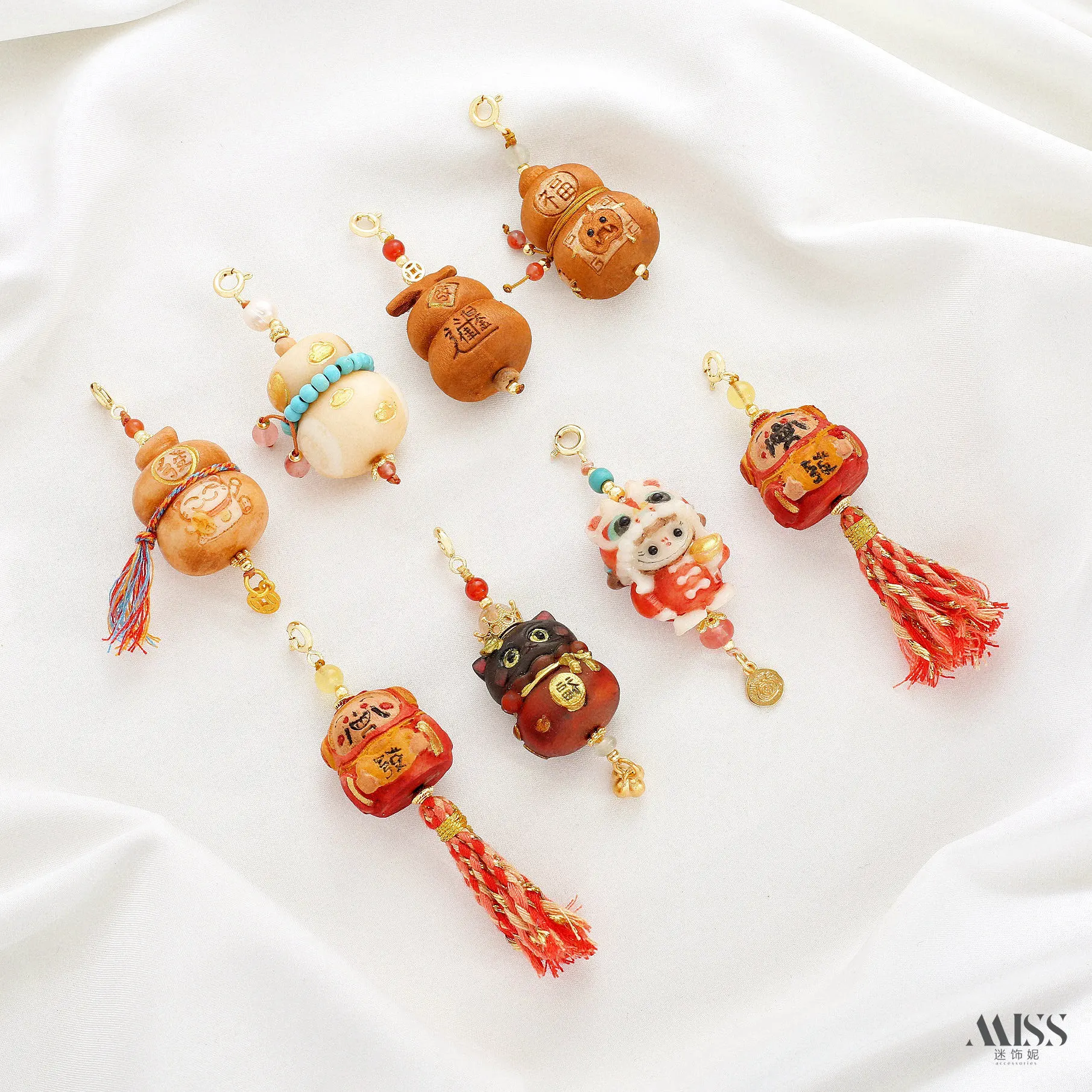 Natural Mahogany Ivory Fruit Black Cat Money Bag Lion Dancing Rabub Gourd God Of Wealth Fringed Pendant DIY Pendant Accessories
