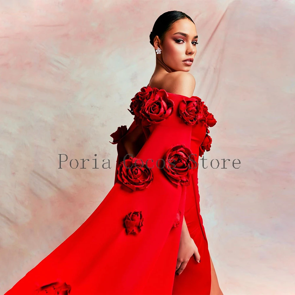Custom Saudi Dress Cloak Sleeves Floor Length Off The Shoulder Flowers Women's Evening Dress Mermaid Formal Wedding Party Dress