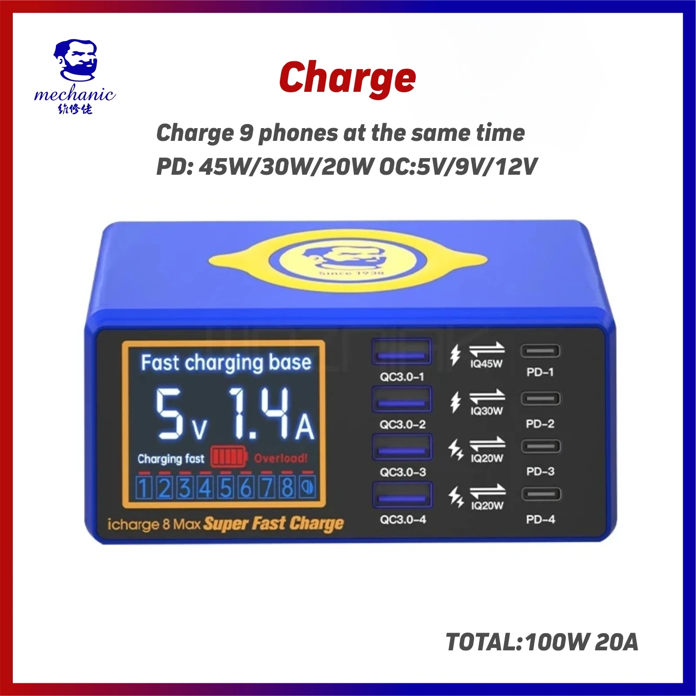 MECHANIC iCharge 8Max Multi Port Super Fast Wireless Charger USB Multi Hole QC3.0 + PD 110W High Power Battery Charging