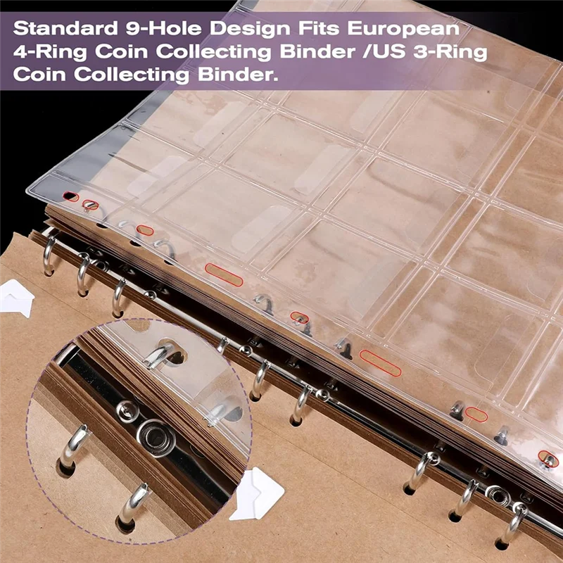 Coin Collection Pages 4 Sheets 20 Pocket Clear PVC Insert Sleeves, 9 Hole Binder Protectors With Binder Inserts