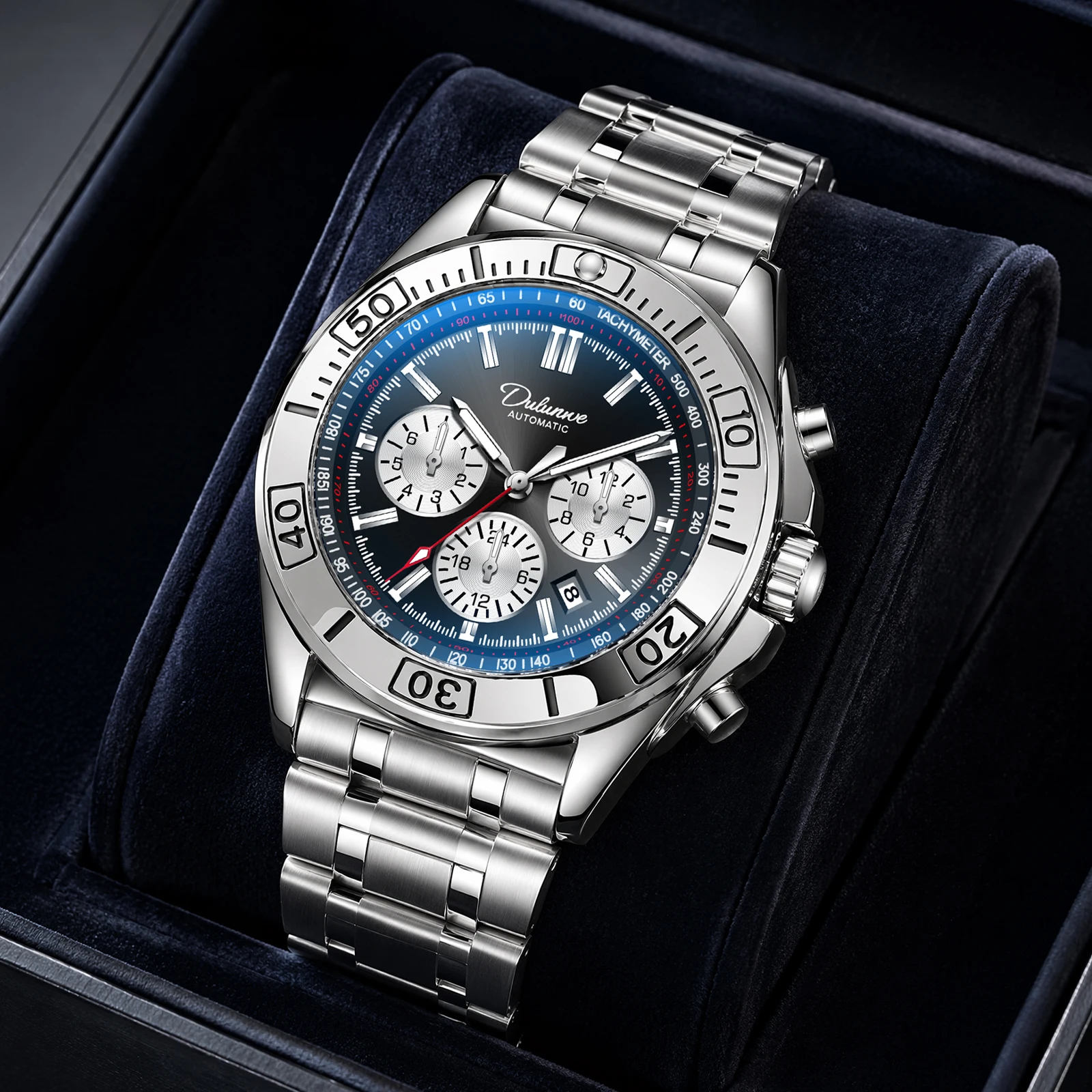 Dulunwe Men's Mechanical Automatic Watch 30M Water Resistant Small Dial Design Month Day Week 24-Hour Display Calendar