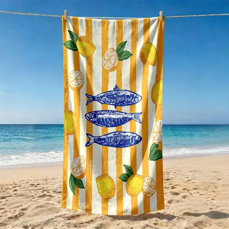 Italian Food Shrimp Pasta Lemon Print Beach Towel Quick Dry Sandproof Towel for Beach Travel Summer Holiday