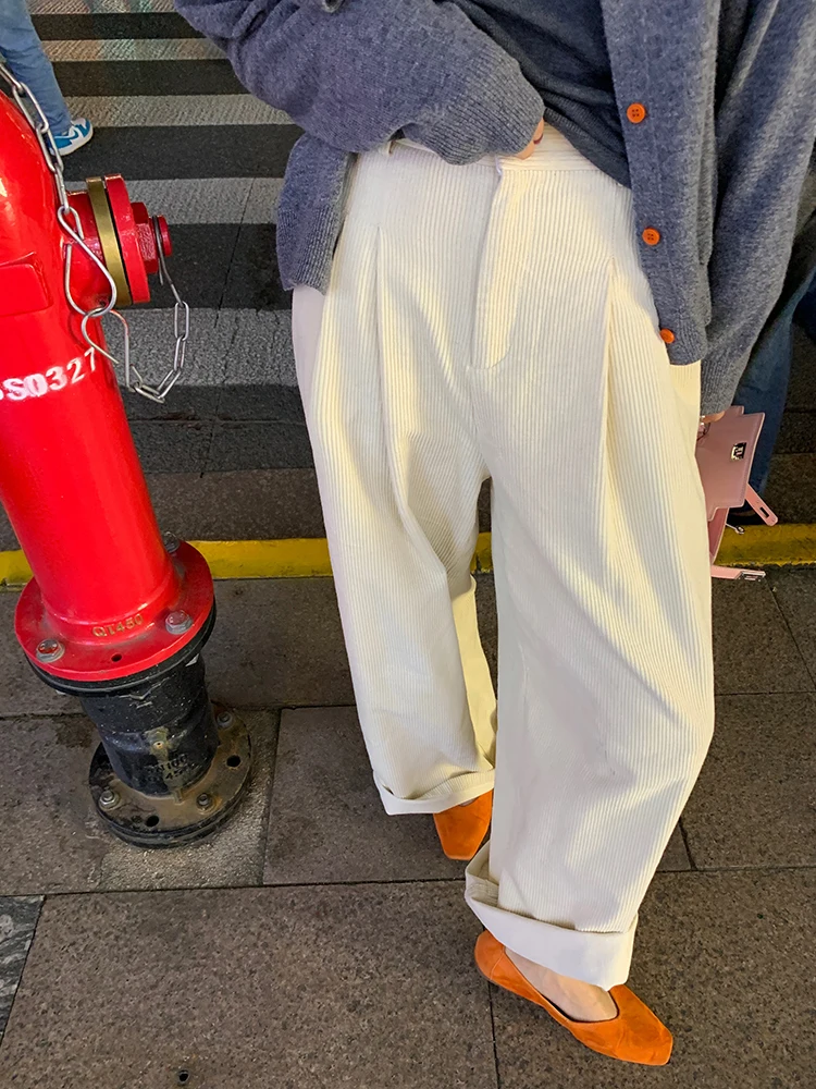 

White Corduroy Wide Leg Pants Women's High Waist Autumn Winter Versatile Small Size Commuter Sle ket Detail Long Trousers