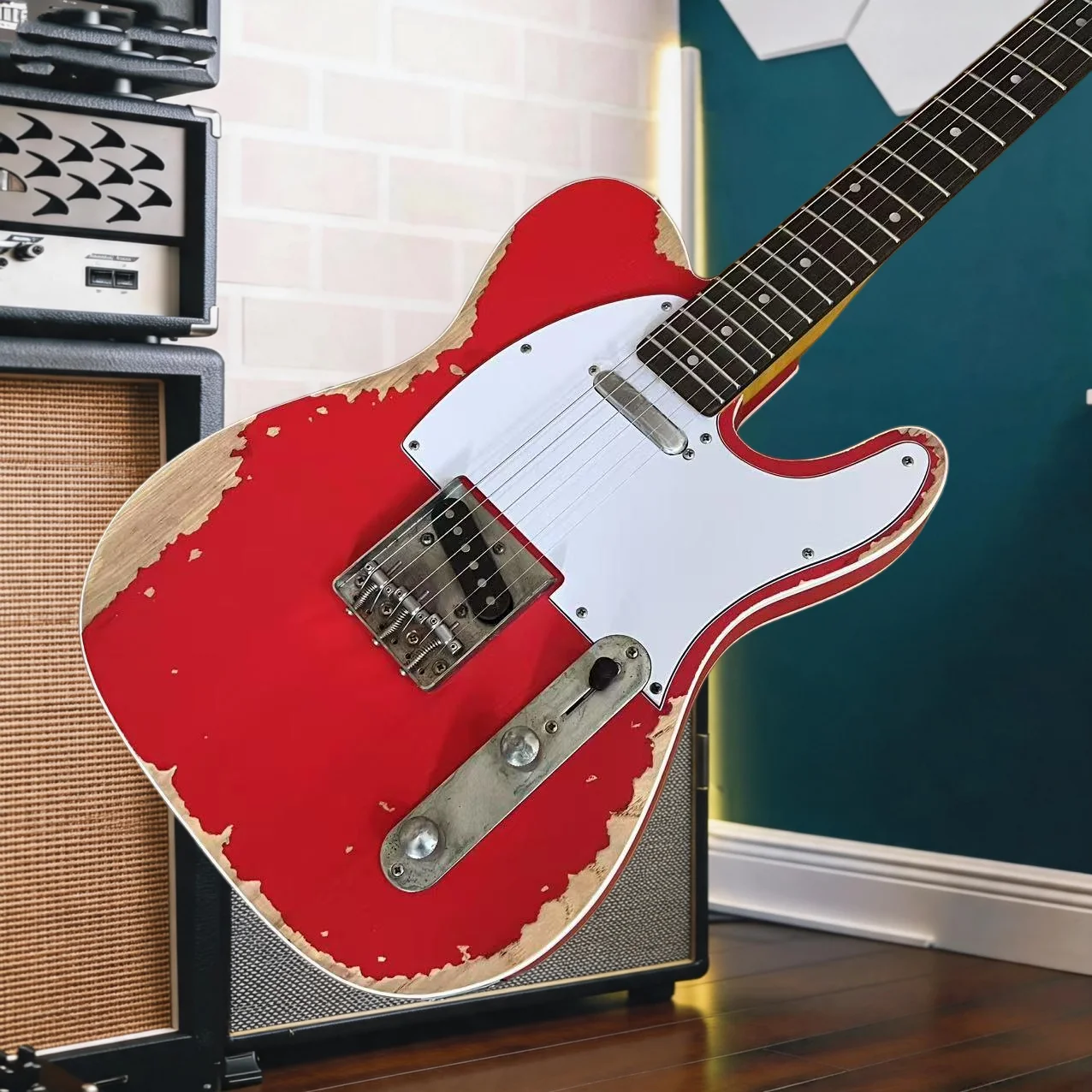 Heavy Make Old Bright Red TELE Electric Guitar Solid Two Single Coil Pickups White Double Layer Pickguard Vintage Aged