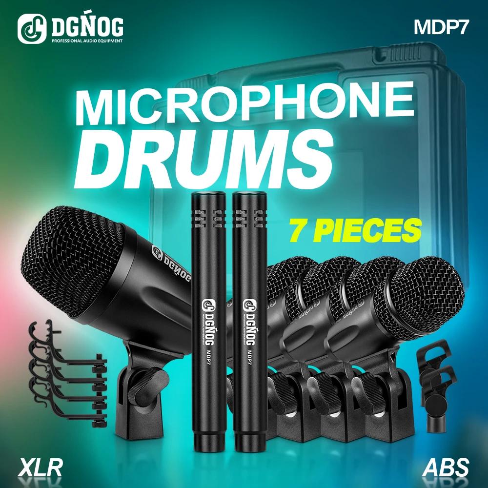 

DGNOG MDP7 7 Piece Wired Drum Microphone Set Dynamic Bass Drum Tom/Snare Drum Cymbal Microphone for Drum Band Stage Instrument