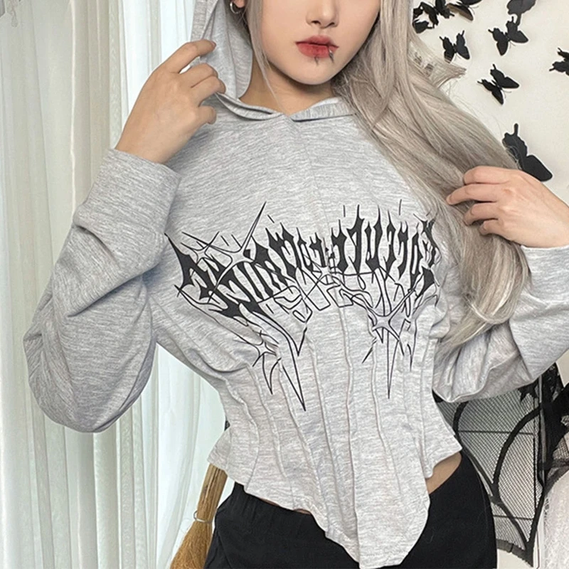 Womens Long Sleeve Cropped T-Shirts Casual Corset Crop Tops Solid Color Hooded Pullover Hoodie Sweatshirt Tees Shirts