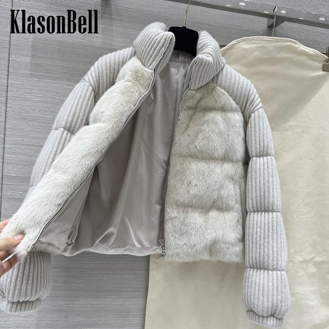 9.9 KlasonBell Women\'s Luxury Mink Spliced Cashmere Knit Down Jacket Stand Collar Goose Down Thick Keep Warm Loose Outerwear